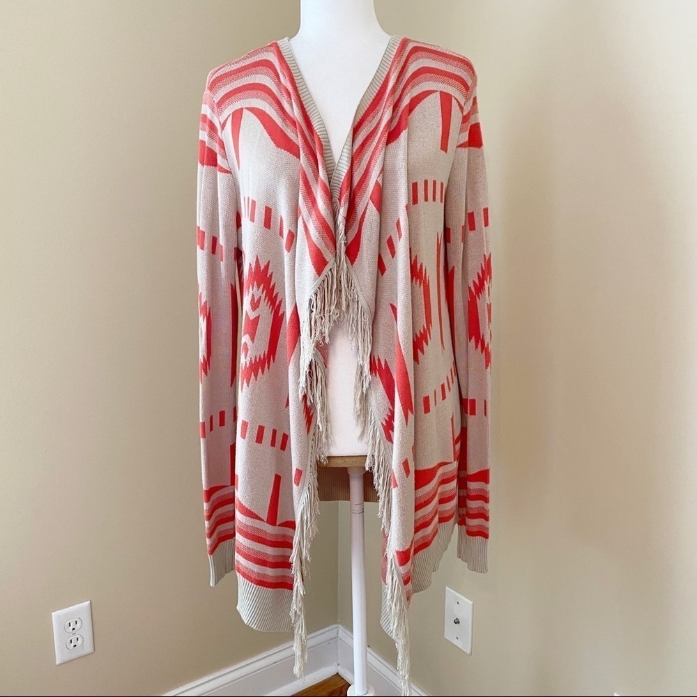 Umgee Open Front Fringe Trim Aztec Cardigan - L